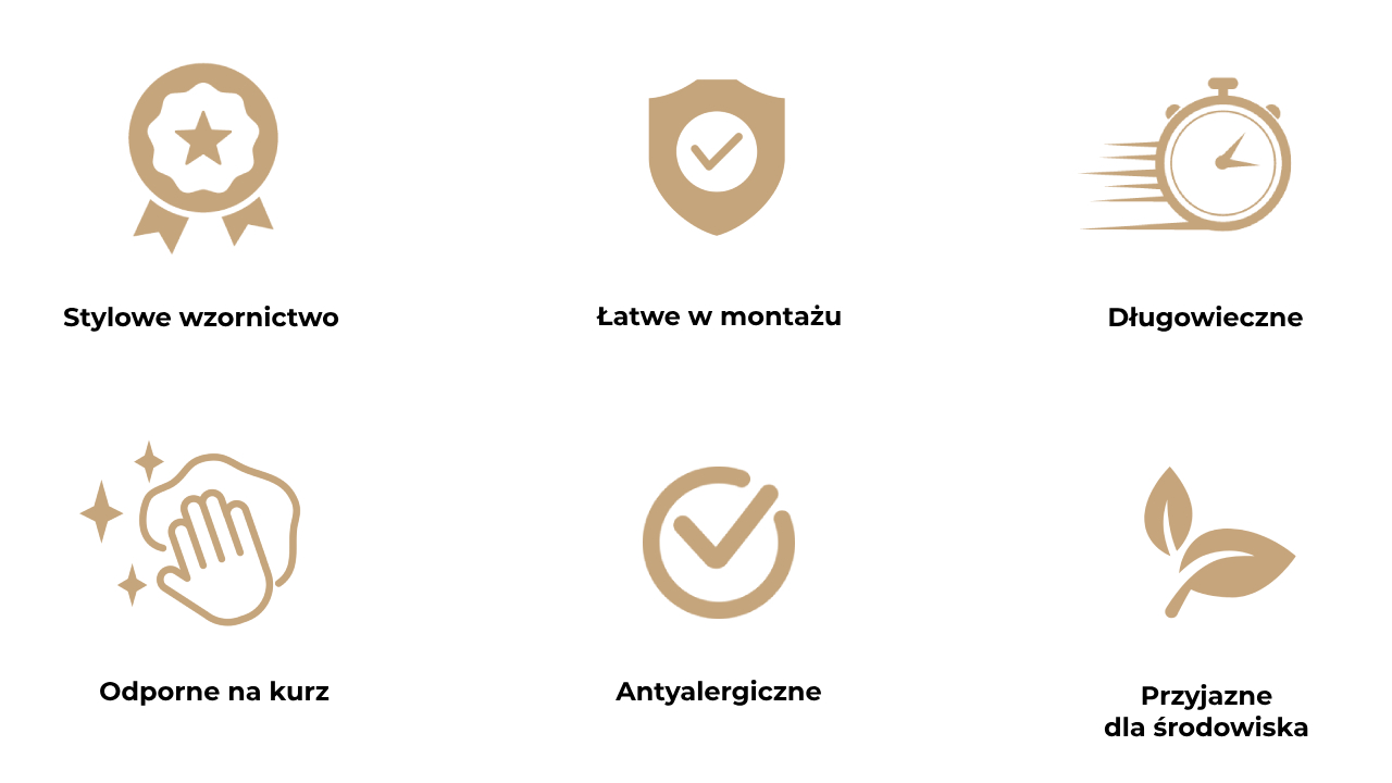 Obraz
            przedstawia sześć ikon opisujących zalety okładziny z korka